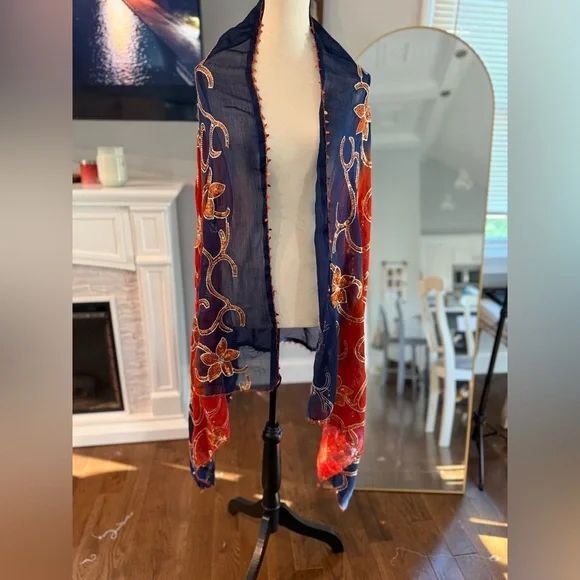 Floral Embroidered Scarf in Red and Blue Large 69”x 33” - Picture 13 of 13